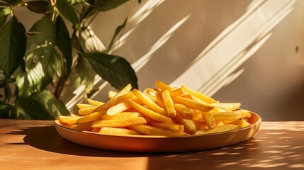 Tasty french fries potatoes on a platter. Summer blurred background with sunlight and foliage leaves shadow.