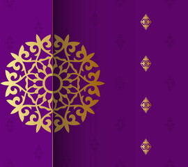 Gold and violet Indian background. Luxury pattern template. Vector abstract design elements. Great for invitation and greeting cards, packaging, flyer, wallpaper or any desired idea. Asian ornament
