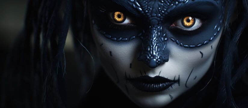 Female creature with eerie eyes resembling evil black aliens or vampires, wearing spooky makeup, with a macro focus, in a Halloween-inspired fashion.