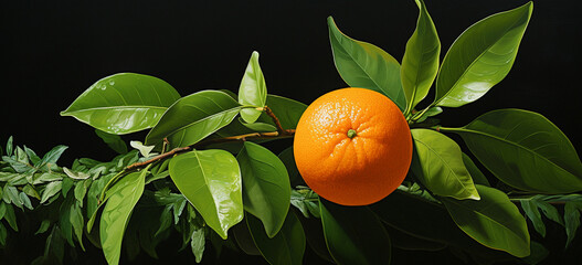 an orange with a green leaf on it
