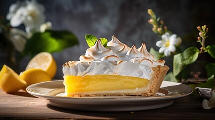 Piece of Homemade lemon meringue pie cake on a wooden table with yellow ripe lemons and flowers background, closeup