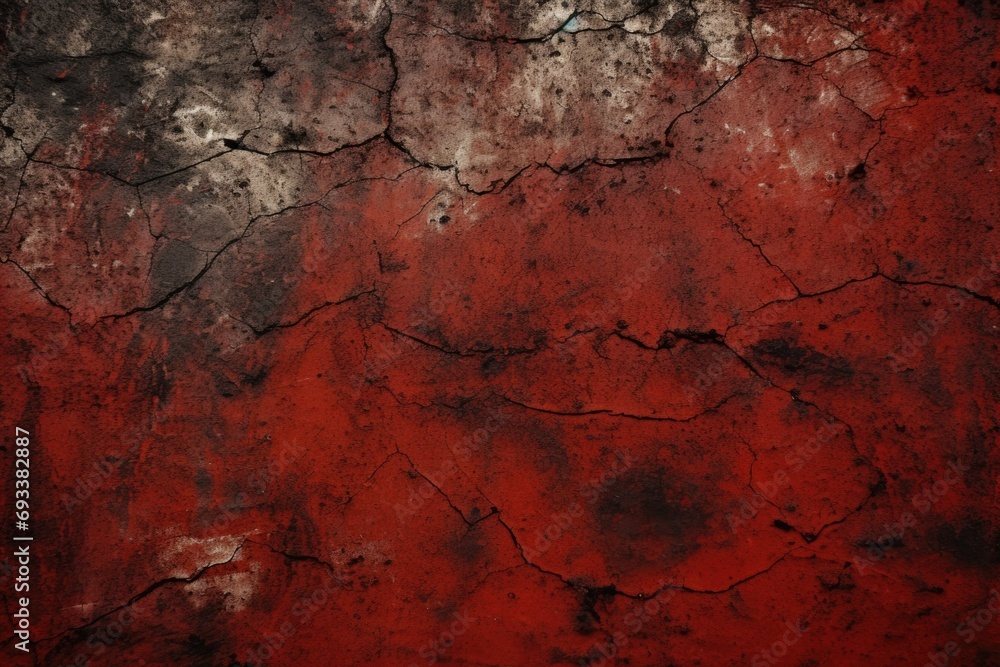 Poster A close-up photograph of a red wall with visible cracks and weathered textures. This image can be used to depict decay, urban decay, aged surfaces, or as a background for design projects