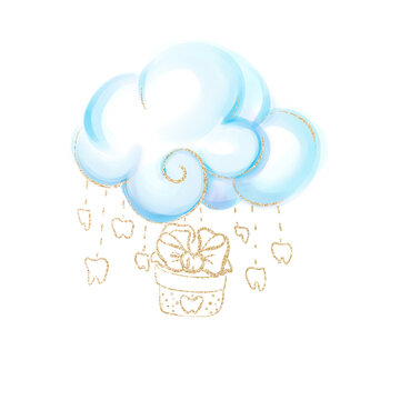 Watercolor cloud with gift from fairy tooth. Congratulation first teeth. Dental clip art.