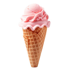 Strawberry Ice cream in a waffle cone isolated on white transparent background. Summer dessert.