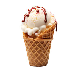 Vanilla Ice cream in a waffle cone isolated on white transparent background. Summer dessert.