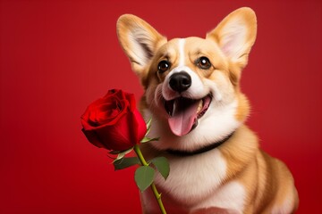 Valentines Day card with cute corgi dog with a beautiful red rose on a red background