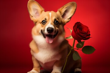 Valentines Day card with cute corgi dog with a beautiful red rose on a red background