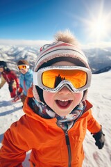 Fototapeta na wymiar A young child wearing ski goggles on a snowy slope. Perfect for winter sports and outdoor activities