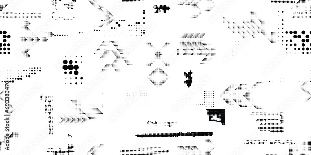 Poster glitch distorted grungy abstract forms . halftone dots seamless pattern texture. grange shapes .grun