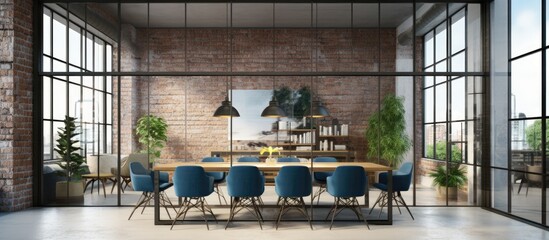 Loft-style office conference area with brick walls, concrete columns, wooden table, gray chairs, glass walls, and blue meeting zone with glass doors.