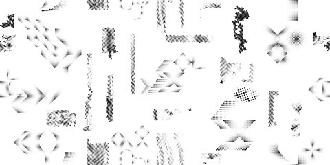Glitch distorted grungy abstract forms . Halftone dots seamless pattern texture. Grange shapes .Grunge textured . Vector shapes with half tone dots .Screen print endless pattern texture - obrazy, fototapety, plakaty