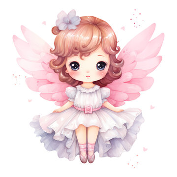 Cute Pink Baby Fairy Watercolor Clipart Illustration