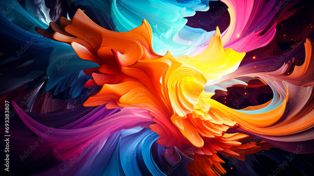 Poster vibrant digital art of swirling colors and abstract shapes creating a dynamic and energetic vortex o