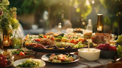 A table filled with plates of food and glasses of wine. Suitable for restaurant menus or food and beverage promotions - obrazy, fototapety, plakaty