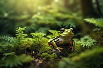 Naklejka premium In a clearing in the forest, among mosses and plants in a fairy-tale enchanted forest, a fairy-tale frog sits. Artistic depiction of the beauty of nature.