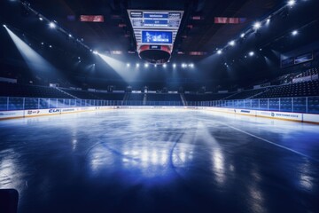 Fototapeta na wymiar An empty hockey rink with lights shining on the ice. Perfect for sports-related projects or articles