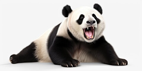A panda bear sitting on the ground with its mouth open. Can be used to depict surprise, excitement,...