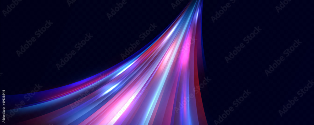 Poster neon red and blue speed lines. speed ​​of acceleration and movement. light trails, motion blur effec