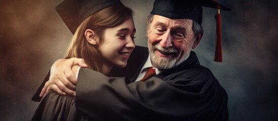 Student embraces father on graduation day after receiving diploma.