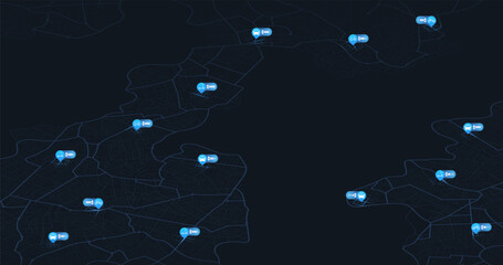 Obraz premium Map location mark. Battery vehicles tracker. Rental service: kick scooter, bicycle, electric car. App for search rent transport Connected vehicle remote parking. Editable vector illustration isometric