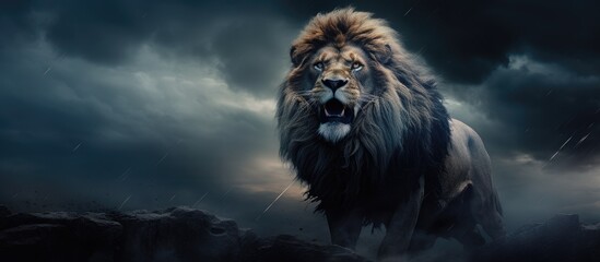 Lion fierceness in stormy sky