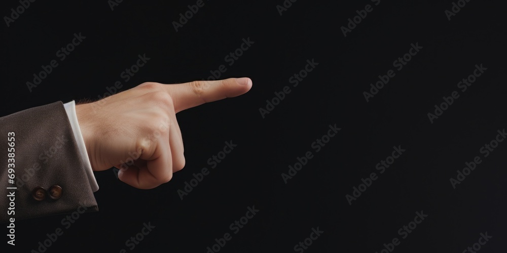 Poster a man in a suit is pointing at something. this image can be used to illustrate presentations, busine