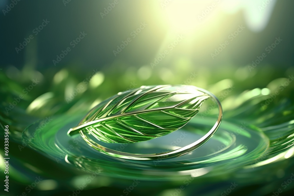 Poster a delicate green leaf rests atop a serene body of water. this image captures the beauty of nature an