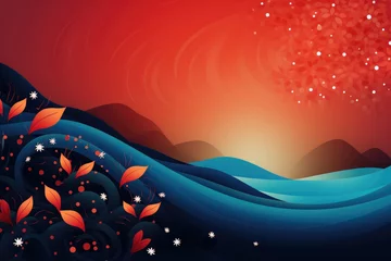 Zelfklevend Fotobehang Sea landscape in red and blue. Abstract background themed around February 6th's Waitangi Day, a significant national day in New Zealand.  © annne
