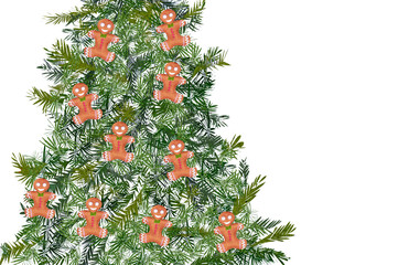 Ilustracja świąteczna zielona choinka kolorowe pierniki białe tło. - 693385816