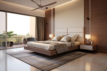 Modern interior of a bedroom with a large bed in light pastel colors in daylight