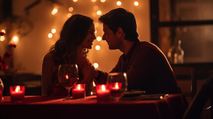 Romantic couple enjoying candlelit dinner at restaurant. Intimacy and celebration.