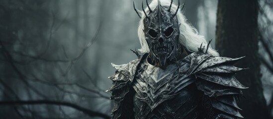 Knightly armored king of the undead warriors in a spooky forest. Horror movie. Halloween.