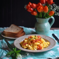 Scrambled eggs with tomatoes and onions blue napkin background of red tulips