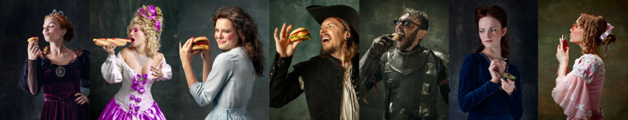 Collage made of people dressed like different medieval royal persons, knight and pirate, eating burgers, hot dogs and healthy food over dark green background - obrazy, fototapety, plakaty