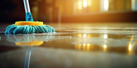 A mop is being used to clean a shiny marble floor, with water droplets glistening under the bright overhead lights - obrazy, fototapety, plakaty