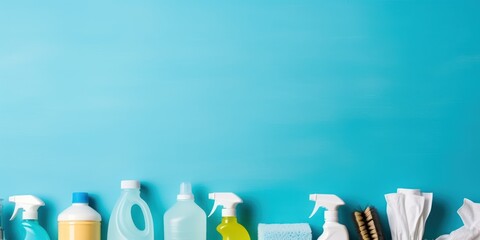 Cleaning set for different surfaces in kitchen, bathroom and other rooms. Empty place for text or logo on blue background. Cleaning service concept. - obrazy, fototapety, plakaty