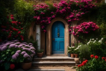 Fototapeta na wymiar door and flowers in garden