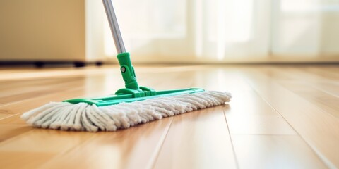 Floor cleaning mob on parquet floor, close up, copy space copy space  - obrazy, fototapety, plakaty