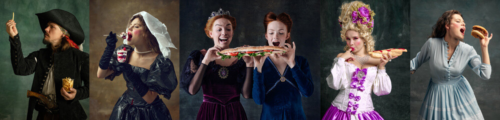 Fototapeta premium Collage made of different medieval people, queens, princess, pirate eating unhealthy food over vintage background. Sweets, fast food