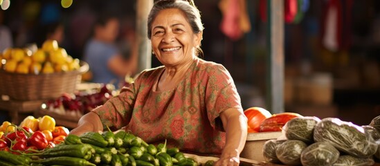 Cheerful woman of Mexican descent selling at a local market