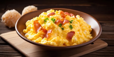 Breakfast scrambled eggs and bacon copy space