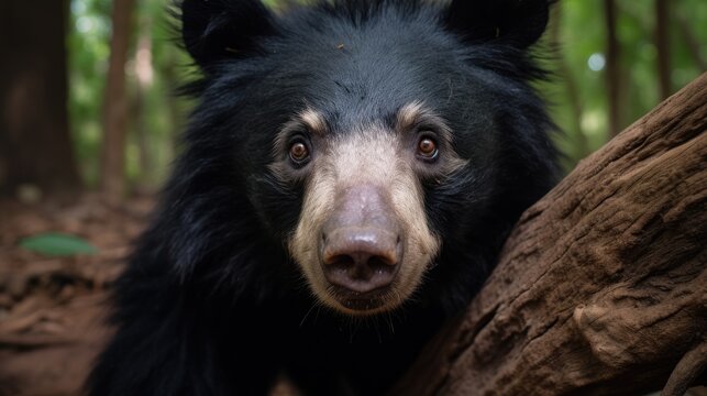 closeup of a sloth bear in the forest