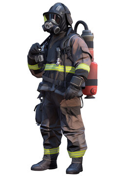 Firefighter with a full-face respirator, PNG image, isolated object