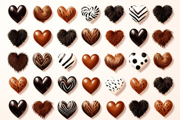 A set of fluffy hearts with animalistic prints on white background. - obrazy, fototapety, plakaty
