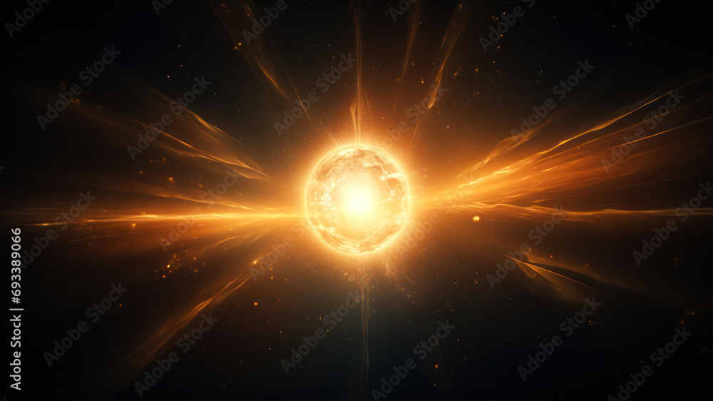 Poster futuristic sun with lens flare in space. 3d rendering
