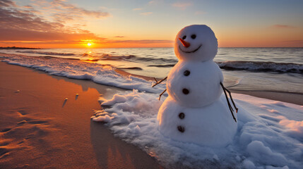 Snowman on the beach of the Baltic Sea in winter - obrazy, fototapety, plakaty
