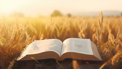Book open on wheat field at sunset - obrazy, fototapety, plakaty