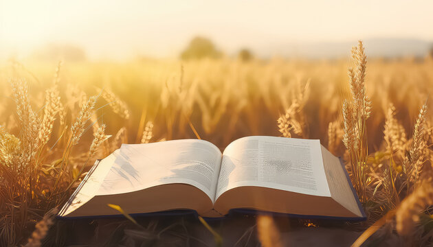 Book open on wheat field at sunset
