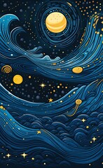 Starlit Tranquility Seamless Starry Night and Aesthetic Waves