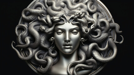 Antique Silver Medusa Bas Relief 3d illustration - obrazy, fototapety, plakaty